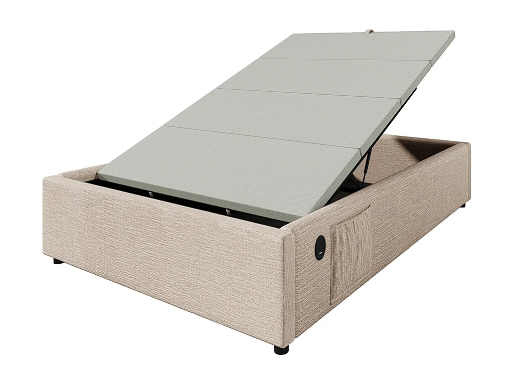Cama estofada, cama de solteiro 90×190 cm, cama com armazenamento, estrutura de cama com USB-C e base de ripas completa, sem cabeceira, linho, natural, sem colchão