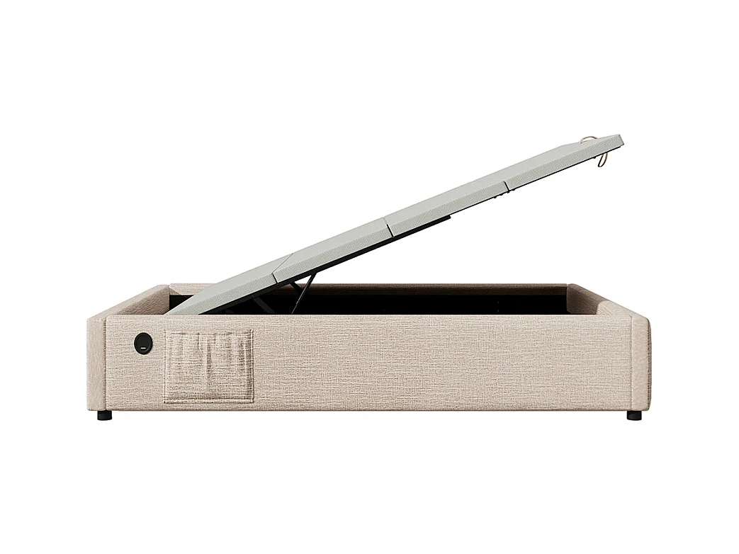 Lit rembourré Lit simple 90×190 cm, Lit de rangement Cadre de lit avec USB- C et sommier à lattes sur toute la surface, Sans tête de lit, Lin, Naturel,Sans matelas