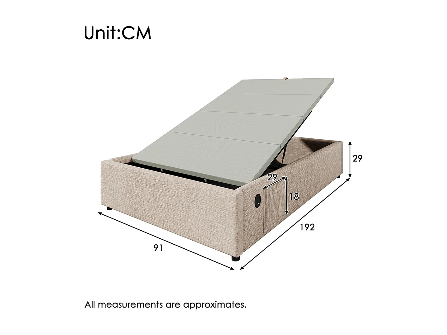 Gestoffeerd bed, eenpersoonsbed 90×190 cm, opbergbed, bedframe met USB-C en volvlak lattenbodem, zonder hoofdbord, linnen, naturel, zonder matras