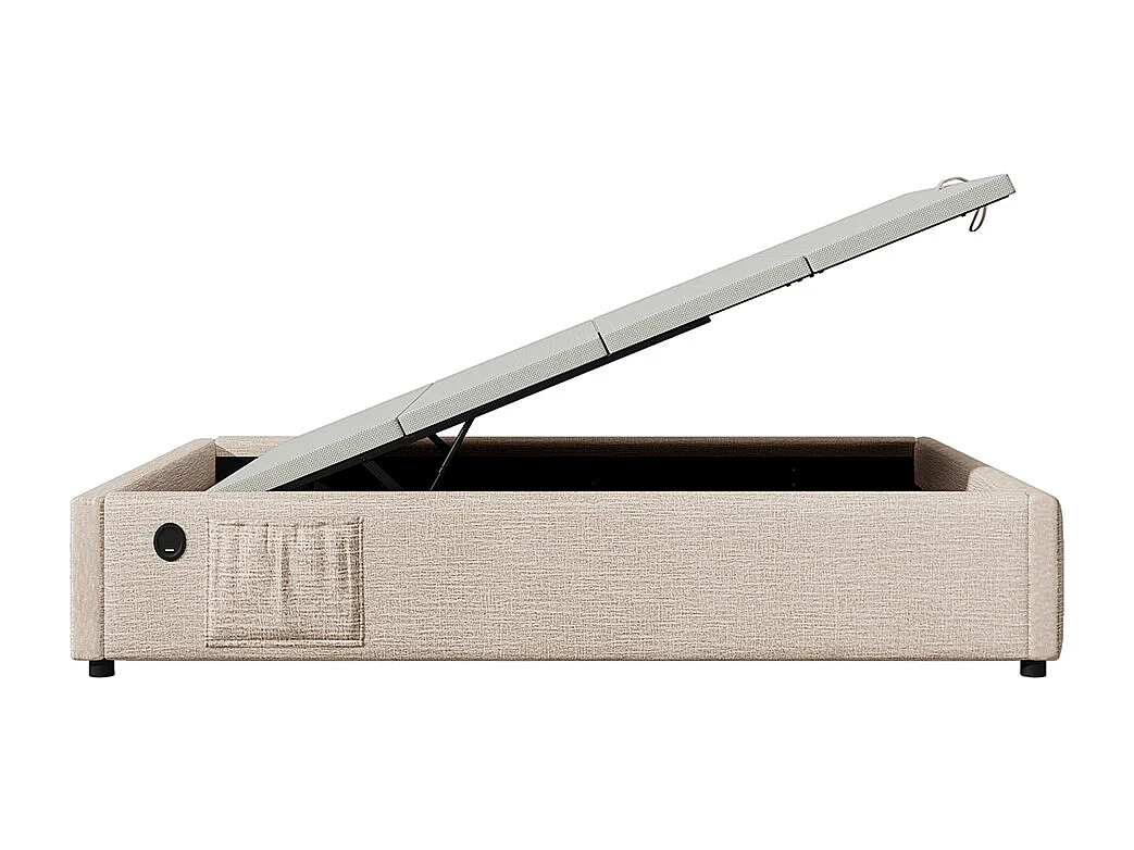 Gestoffeerd bed, eenpersoonsbed 90×190 cm, opbergbed, bedframe met USB-C en volvlak lattenbodem, zonder hoofdbord, linnen, naturel, zonder matras