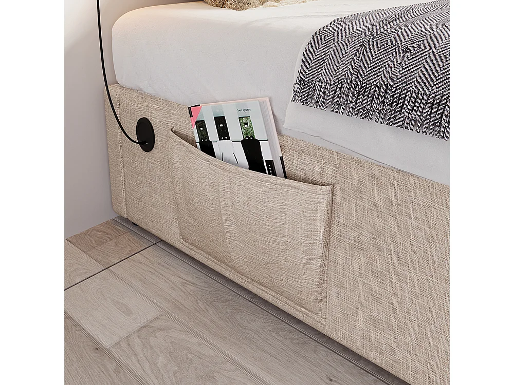 Gestoffeerd bed, eenpersoonsbed 90×200 cm, opbergbed, bedframe met USB-C en volvlak lattenbodem, zonder hoofdbord, linnen, naturel, zonder matras