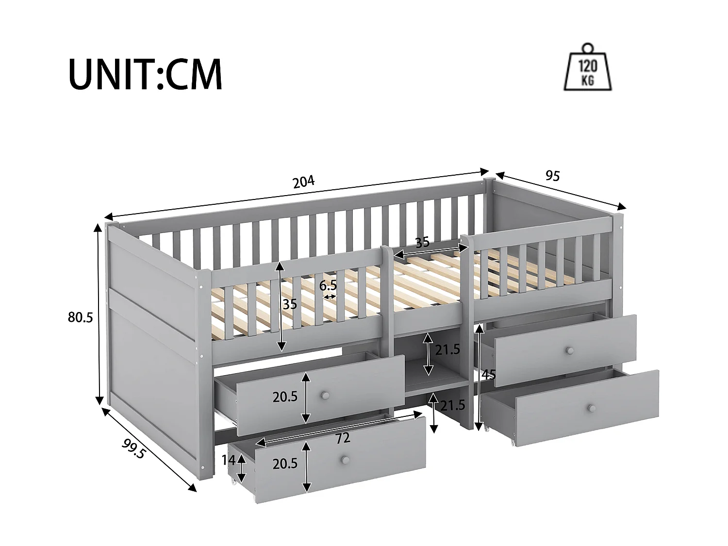 Lit d'enfant lit simple avec barre de sécurité et échelle, lit de rangement avec 4 tiroirs, lit d'enfant avec barre de sécurité, 90*200cm, sans matelas