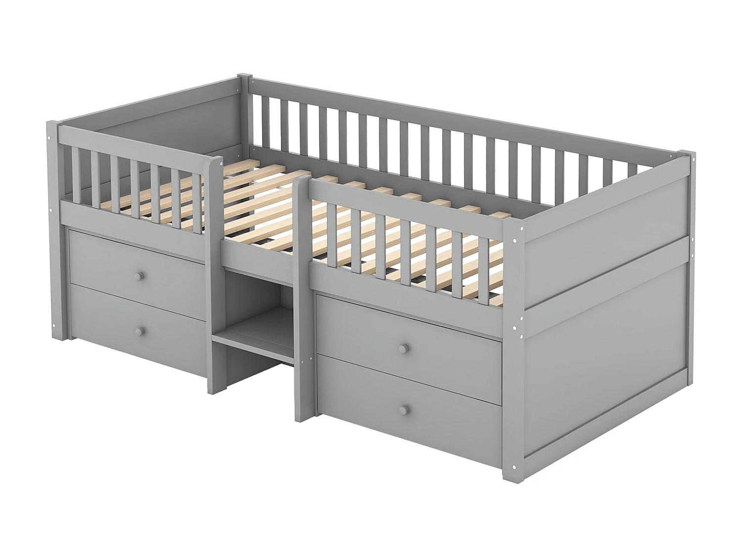 Lit d'enfant lit simple avec barre de sécurité et échelle, lit de rangement avec 4 tiroirs, lit d'enfant avec barre de sécurité, 90*200cm, sans matelas