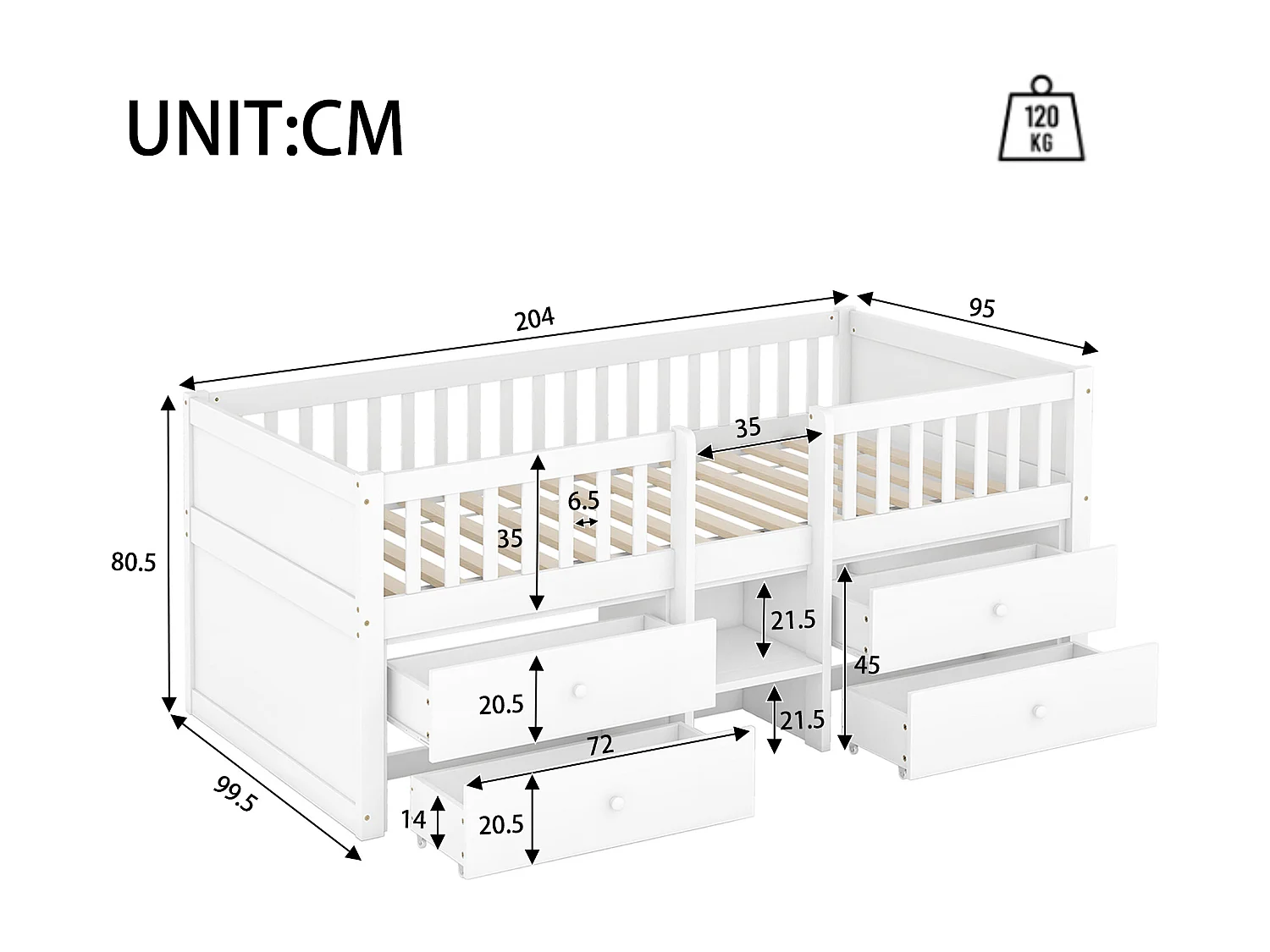 Cama infantil cama de solteiro com barra de segurança e escada, cama com armazenamento com 4 gavetas, cama infantil com barra de segurança, 90*200cm, sem colchão