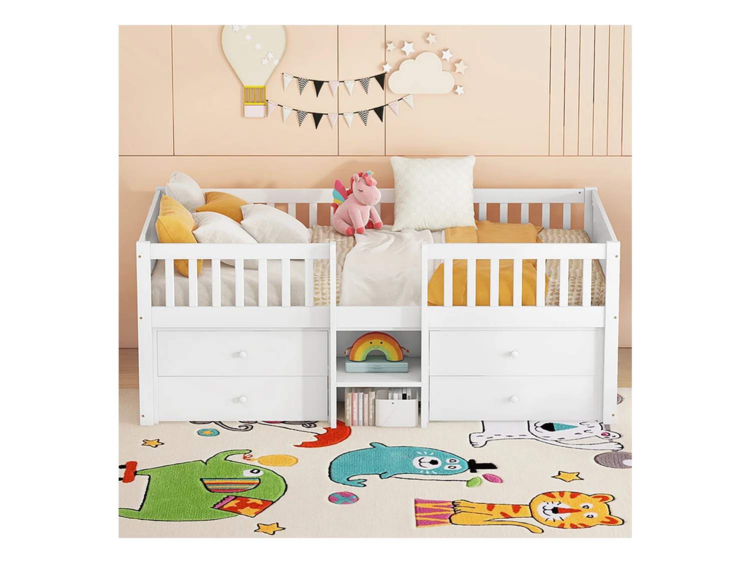 Lit d'enfant lit simple avec barre de sécurité et échelle, lit de rangement avec 4 tiroirs, lit d'enfant avec barre de sécurité, 90*200cm, sans matelas