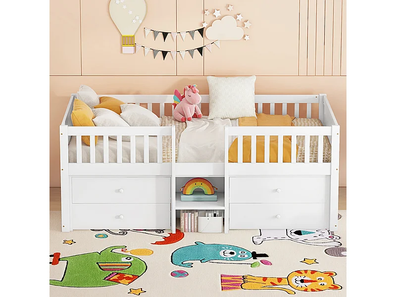 Cama infantil cama de solteiro com barra de segurança e escada, cama com armazenamento com 4 gavetas, cama infantil com barra de segurança, 90*200cm, sem colchão