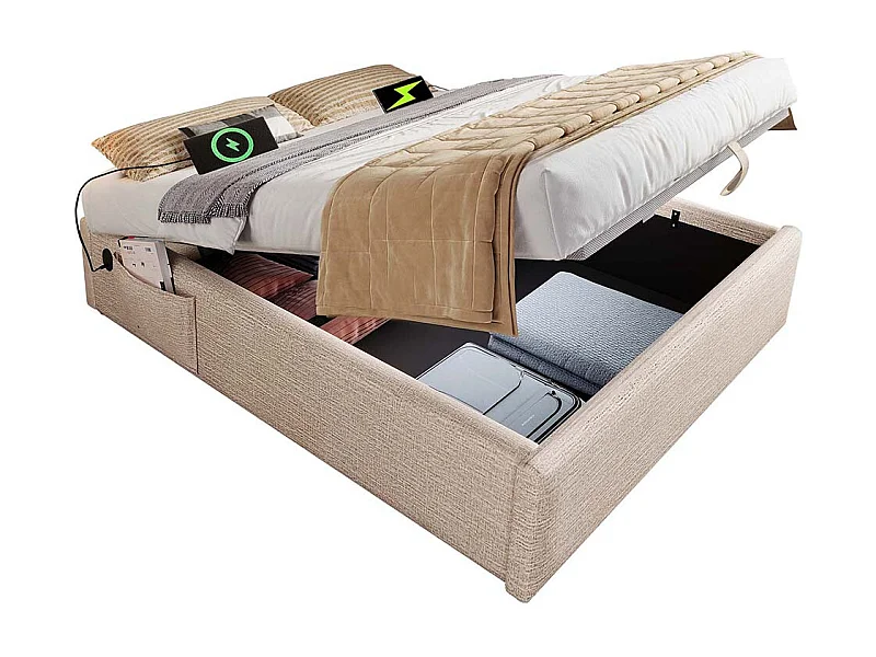 Gestoffeerd bed, tweepersoonsbed 160×200 cm, opbergbed, bedframe met USB-C en volvlak lattenbodem, zonder hoofdbord, linnen, naturel, zonder matras