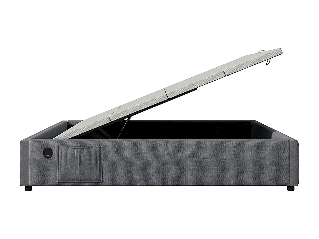 Lit rembourré Lit double 160×200 cm, Lit à barreaux Cadre de lit avec USB- C et sommier à lattes sur toute la surface, Sans tête de lit, Coton, Gris,Sans matelas