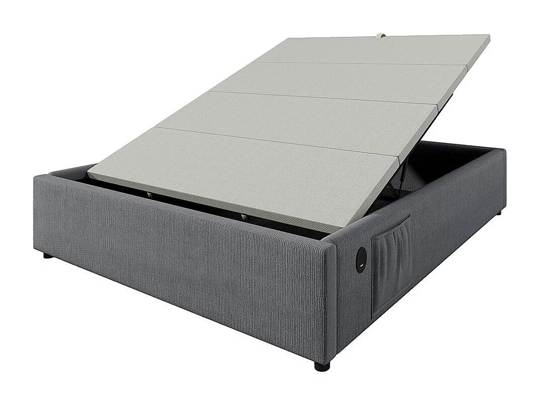 Lit rembourré Lit double 160×200 cm, Lit à barreaux Cadre de lit avec USB- C et sommier à lattes sur toute la surface, Sans tête de lit, Coton, Gris,Sans matelas