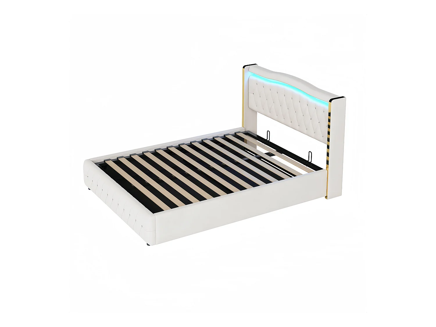 Lit tapissé lit hydraulique lit double avec bandes lumineuses et éclairage LED,lit de rangement avec hydraulique pour le rangement,160x200cm Sans matelas