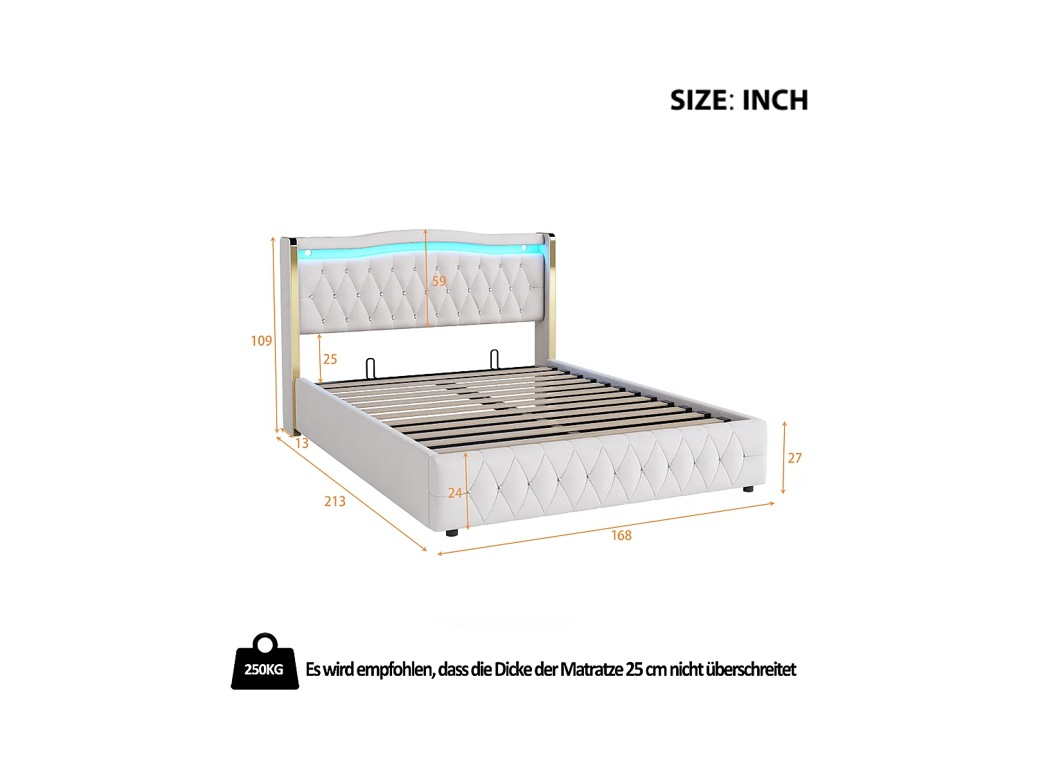 Lit tapissé lit hydraulique lit double avec bandes lumineuses et éclairage LED,lit de rangement avec hydraulique pour le rangement,160x200cm Sans matelas