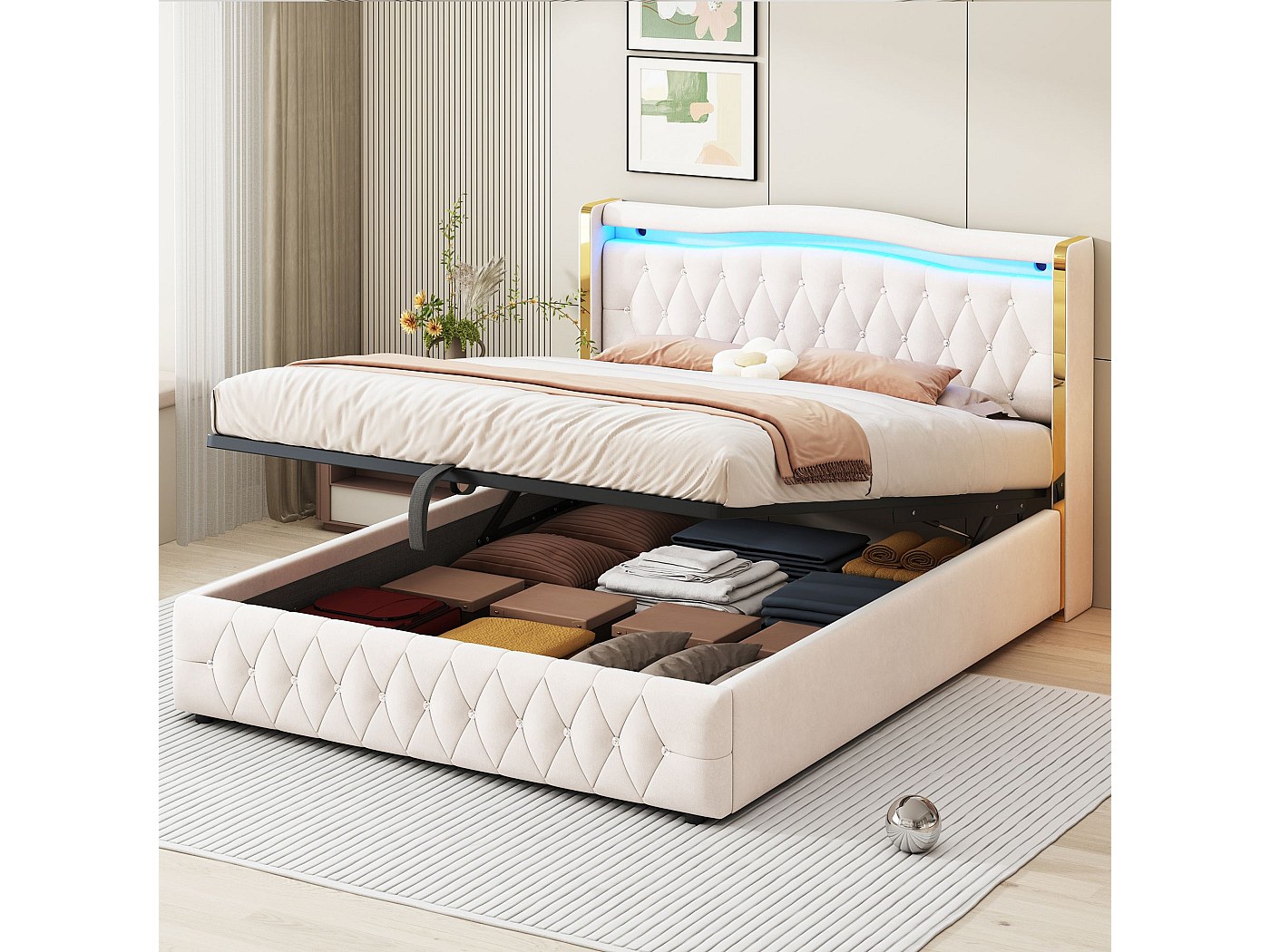 Lit Enfant 180x200 Cm Avec Rangement Hydraulique Et Bandes LED - Contrôle Par App, Port USB, Sommier Lattes Métal - Tissu Lin Beige - 2