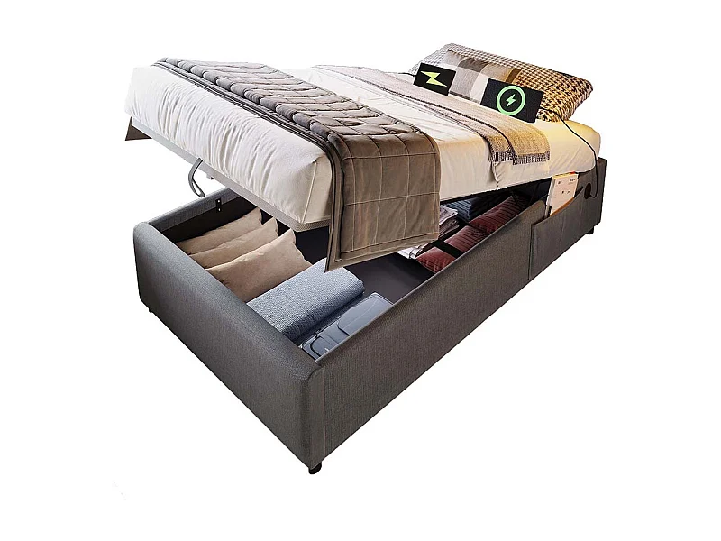 Lit rembourré simple 90×200 cm, lit à barreaux Cadre de lit avec USB- C et sommier à lattes sur toute la surface, sans tête de lit, Coton, Gris,Sans matelas