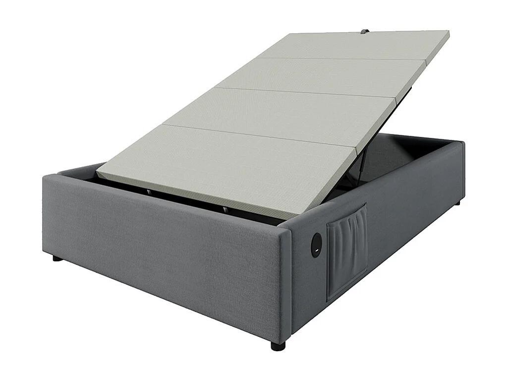 Gestoffeerd bed, eenpersoonsbed 90×200 cm, opbergbed, bedframe met USB-C en volvlak lattenbodem, zonder hoofdbord, katoen, grijs, zonder matras