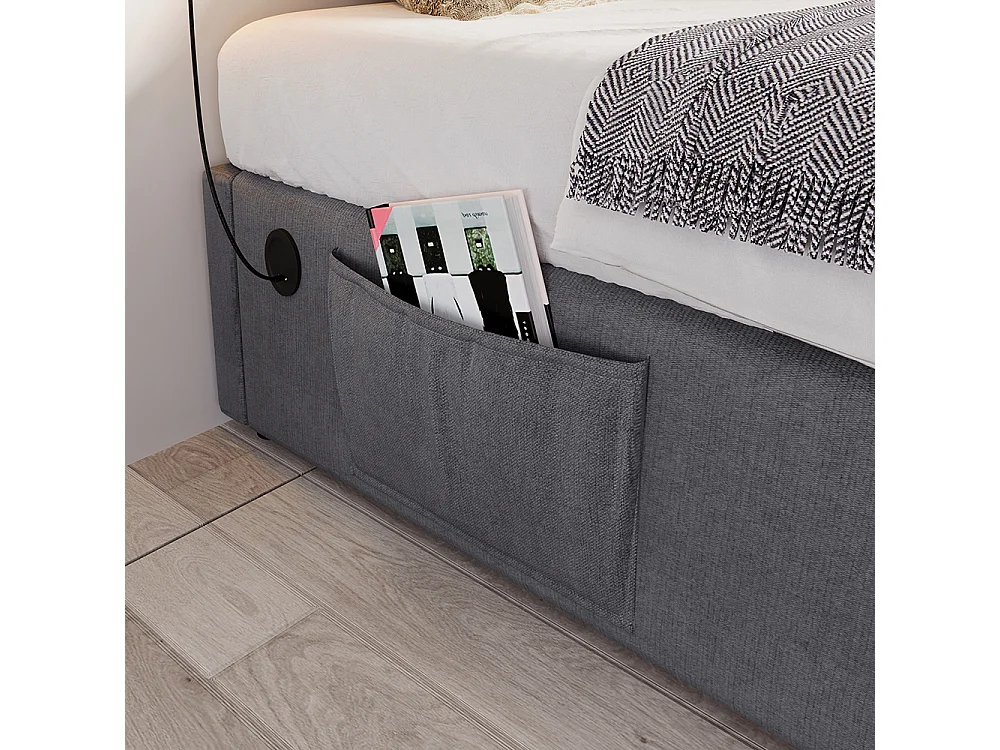 Gestoffeerd bed, eenpersoonsbed 90×200 cm, opbergbed, bedframe met USB-C en volvlak lattenbodem, zonder hoofdbord, katoen, grijs, zonder matras