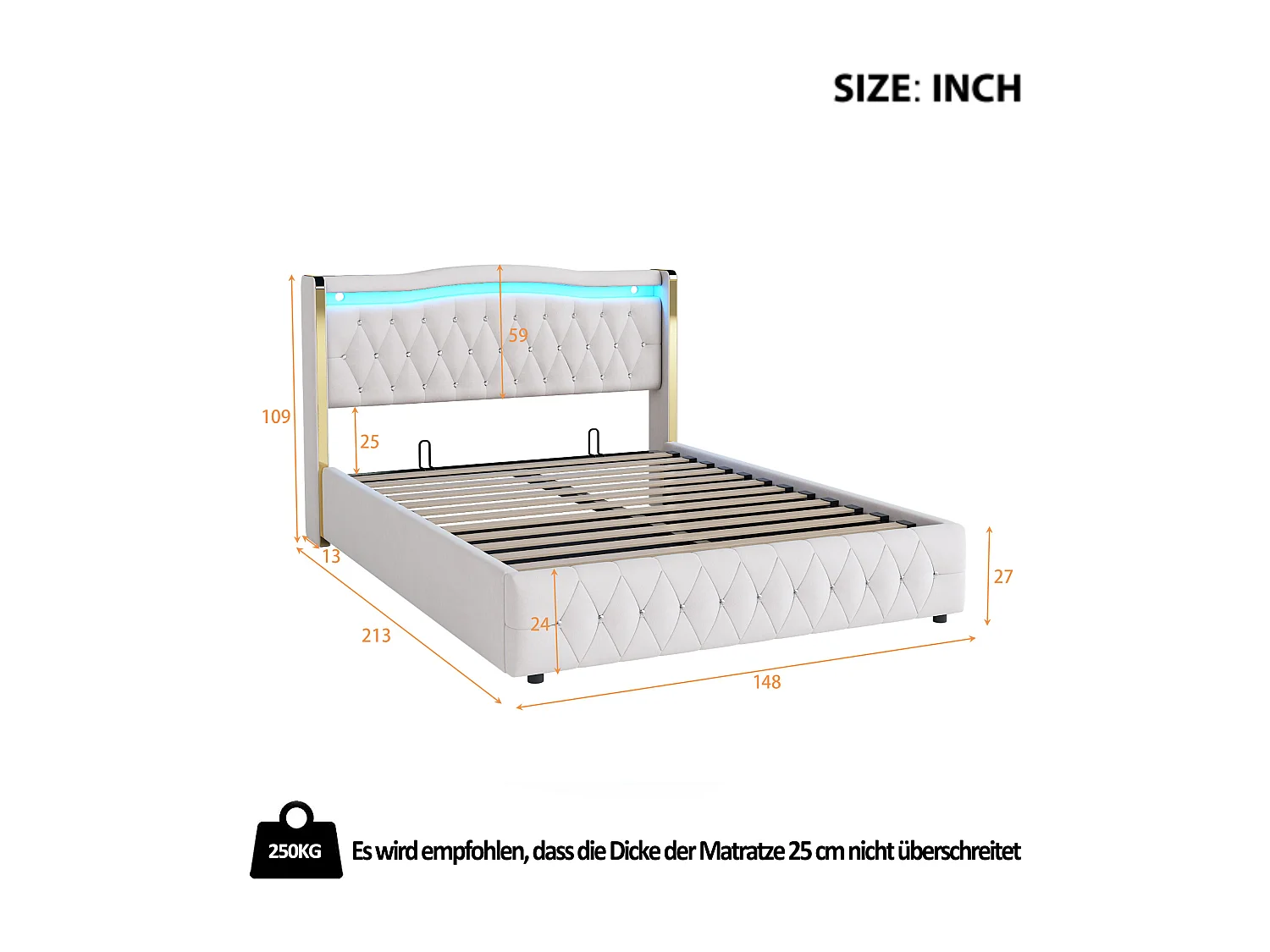 Cama estofada cama hidráulica cama de casal com faixas de luz e iluminação LED, cama com arrumação e hidráulica para arrumação, 140x200cm Sem colchão