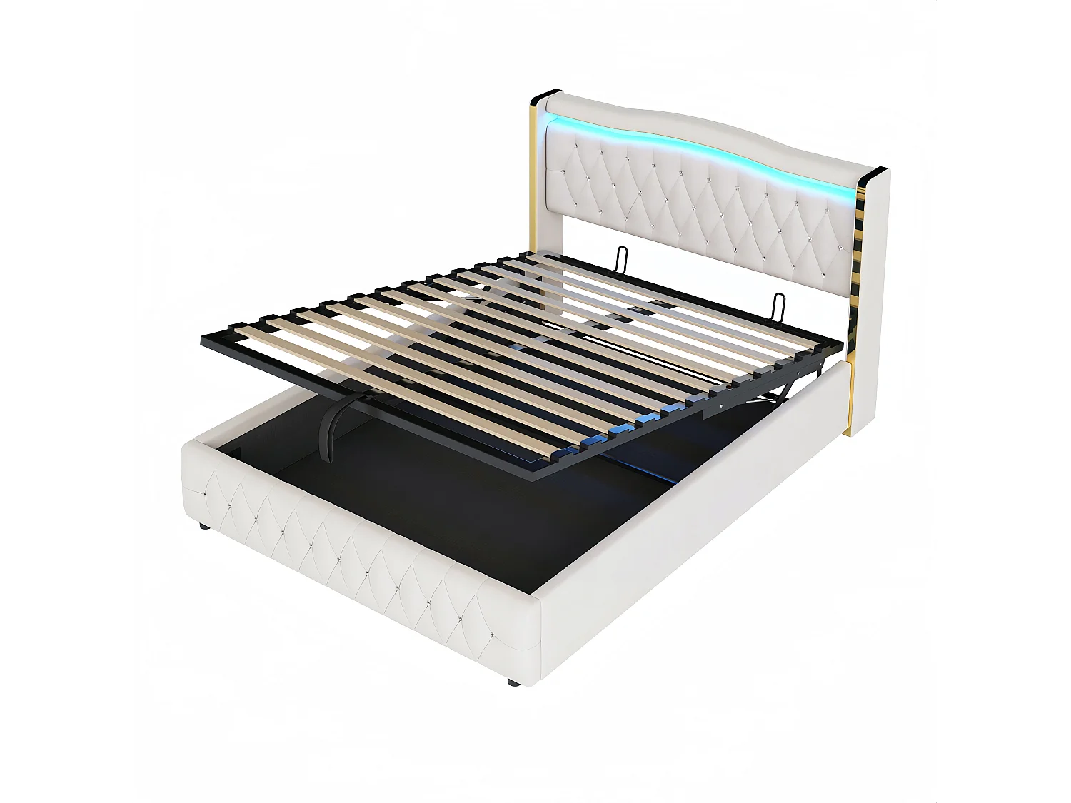 Cama estofada cama hidráulica cama de casal com faixas de luz e iluminação LED, cama com arrumação e hidráulica para arrumação, 140x200cm Sem colchão