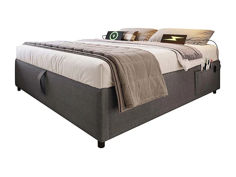 Gestoffeerd bed, tweepersoonsbed 140×200 cm, opbergbed, bedframe met USB-C en volvlak lattenbodem, zonder hoofdbord, katoen, grijs, zonder matras