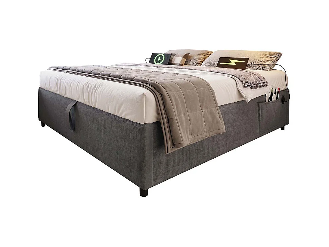Gestoffeerd bed, tweepersoonsbed 140×200 cm, opbergbed, bedframe met USB-C en volvlak lattenbodem, zonder hoofdbord, katoen, grijs, zonder matras