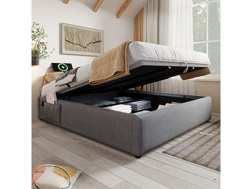 Gestoffeerd bed, tweepersoonsbed 140×200 cm, opbergbed, bedframe met USB-C en volvlak lattenbodem, zonder hoofdbord, katoen, grijs, zonder matras