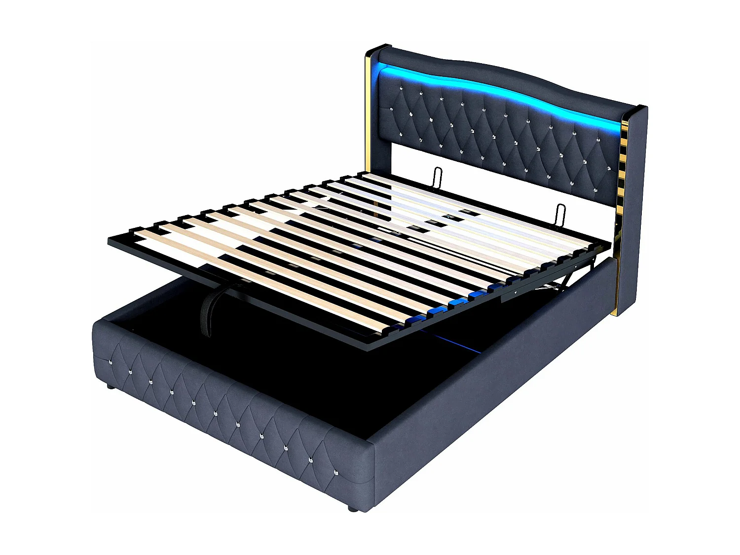 Lit tapissé lit hydraulique lit double avec bandes lumineuses et éclairage LED,lit de rangement avec hydraulique pour le rangement,140x200cm Sans matelas