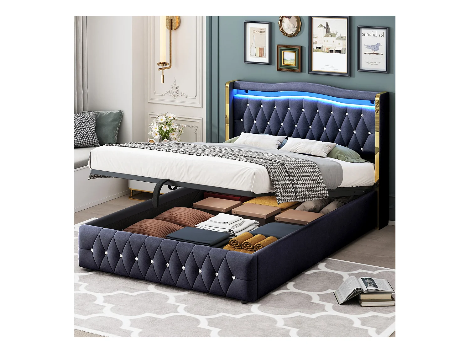 Lit tapissé lit hydraulique lit double avec bandes lumineuses et éclairage LED,lit de rangement avec hydraulique pour le rangement,140x200cm Sans matelas