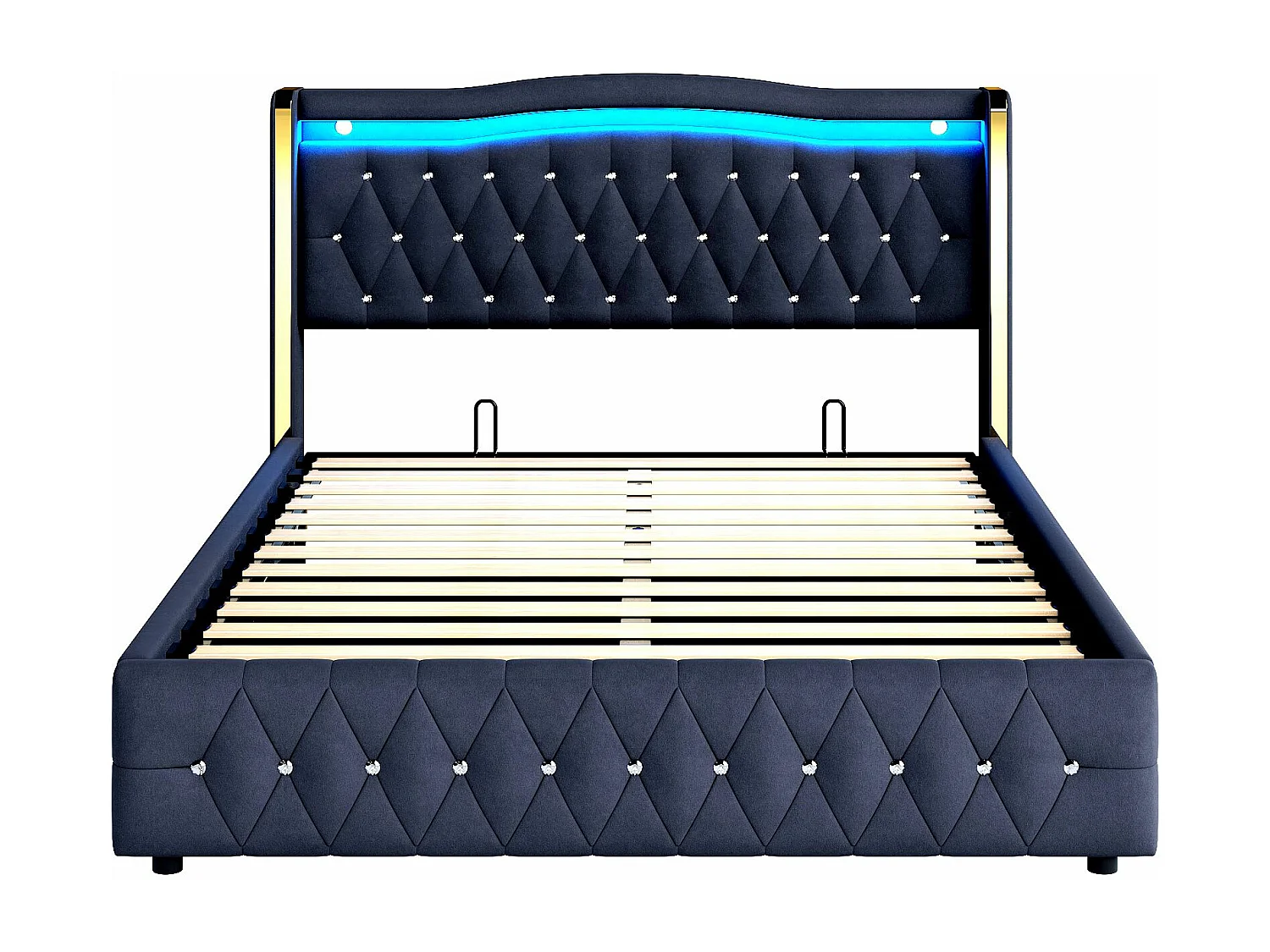 Gestoffeerd bed 140x200cm, Brede poten met lichte strepen, Met kleurveranderende LED-verlichting, Met hydrauliek voor opslag, Tweepersoonsbed, Zwart,Zonder matras