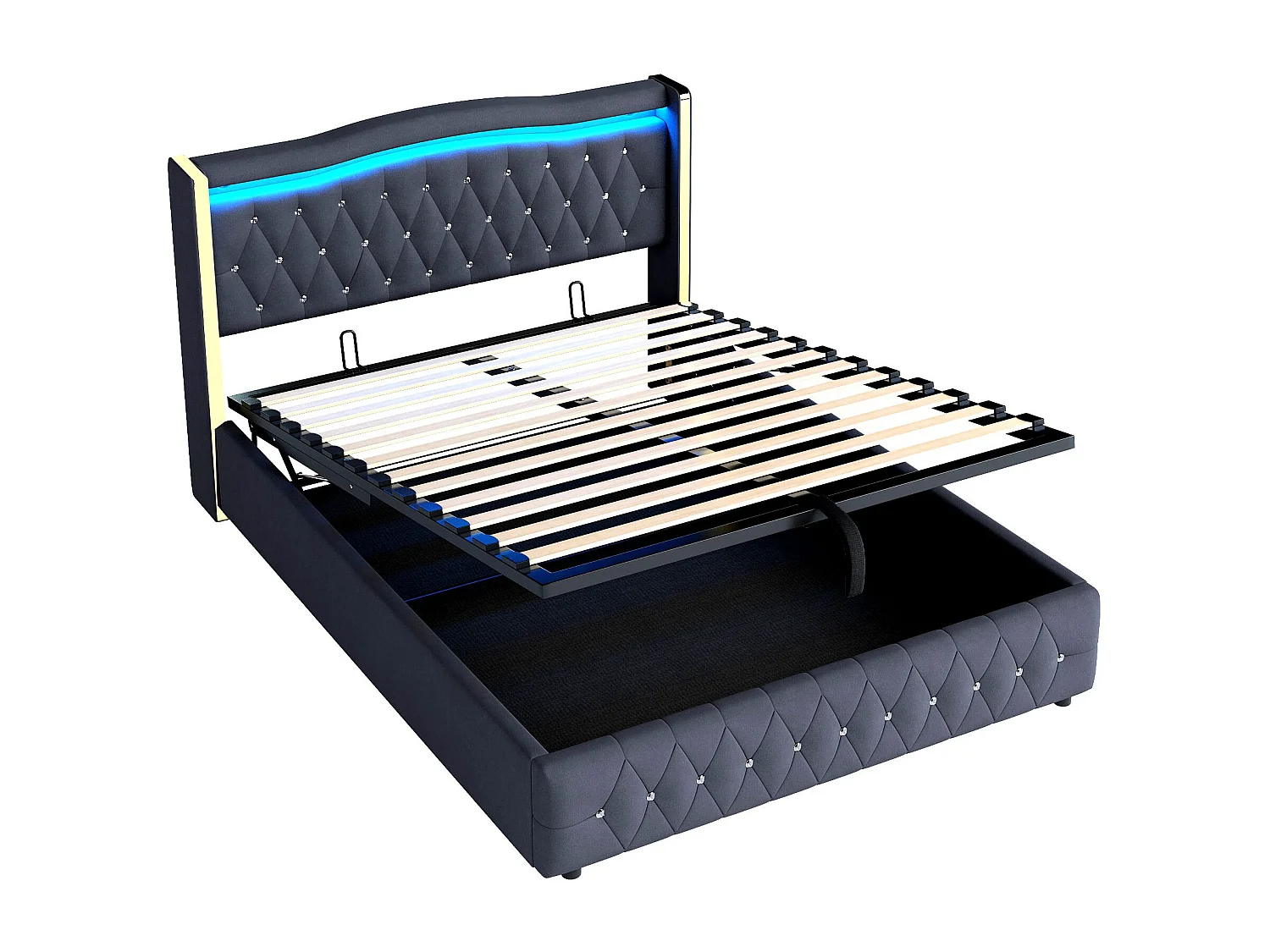 Gestoffeerd bed 140x200cm, Brede poten met lichte strepen, Met kleurveranderende LED-verlichting, Met hydrauliek voor opslag, Tweepersoonsbed, Zwart,Zonder matras