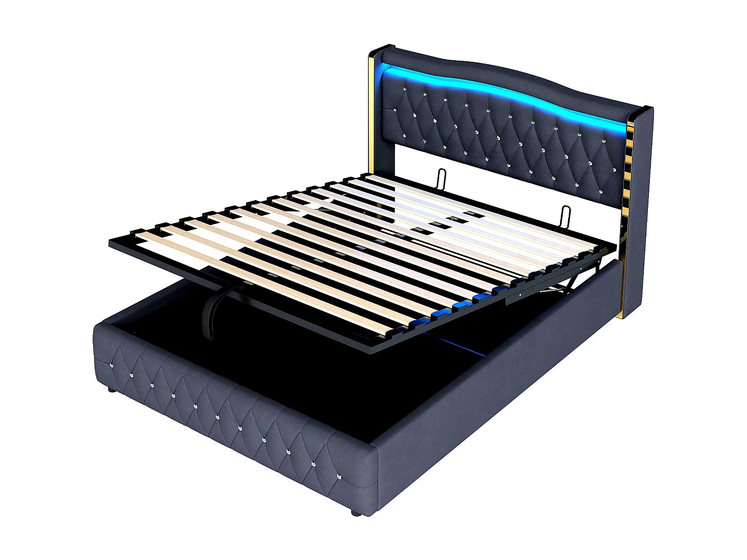 Lit tapissé lit hydraulique lit double avec bandes lumineuses et éclairage LED,lit de rangement avec hydraulique pour le rangement,160x200cm Sans matelas