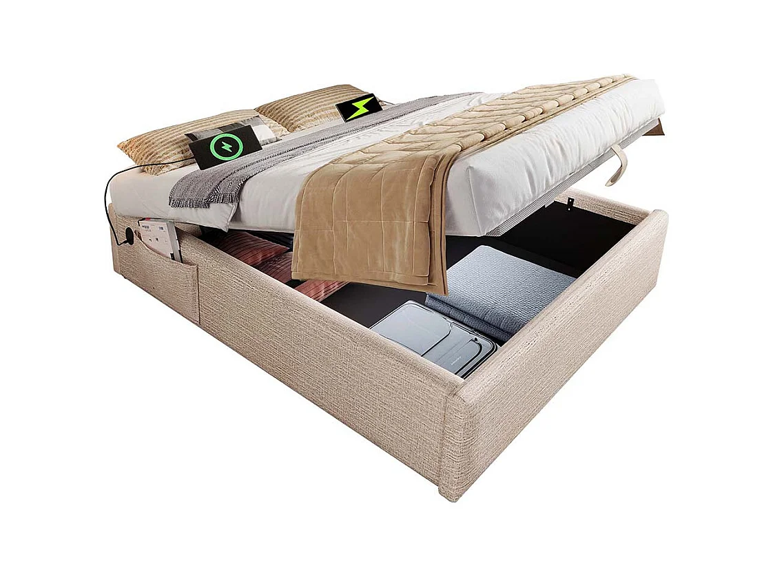Lit double rembourré 140×200 cm, lit de rangement Cadre de lit avec USB- C et sommier à lattes sur toute la surface, sans tête de lit, lin, naturel,Sans matelas