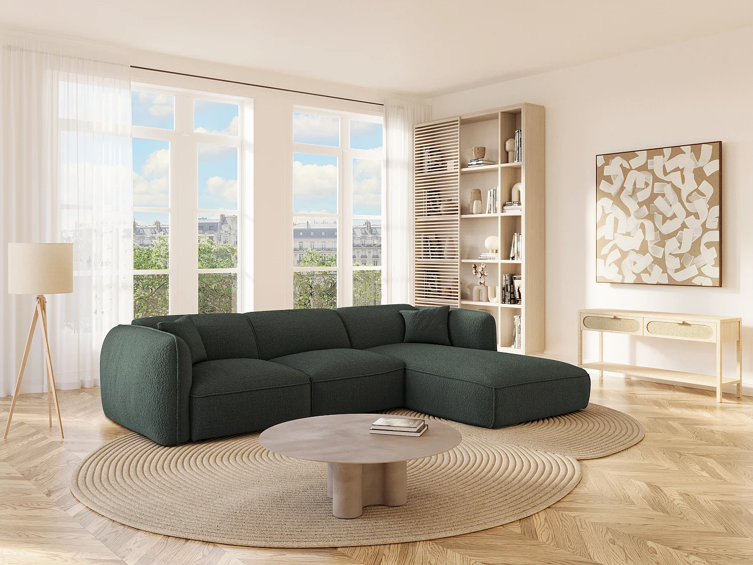 Canapé d'angle droit en tissu chenille vert CAMILIO de Maison Céphy