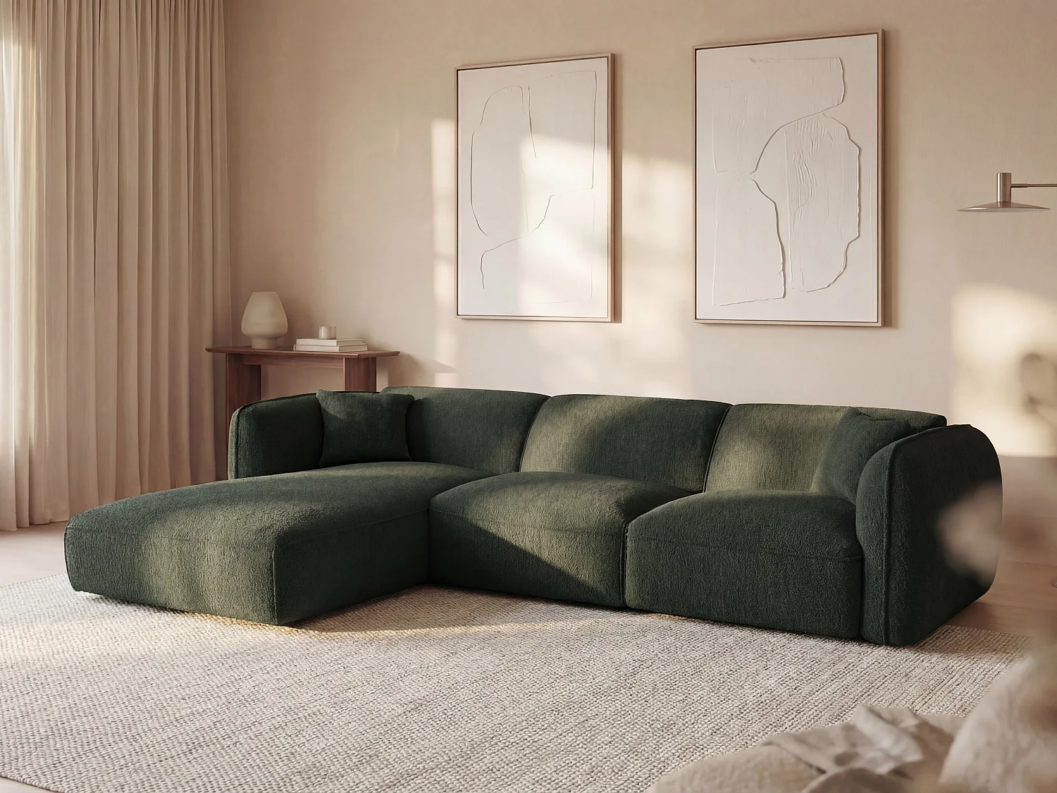 Left-hand corner sofa in green textured fabric CAMILIO by Maison Céphy