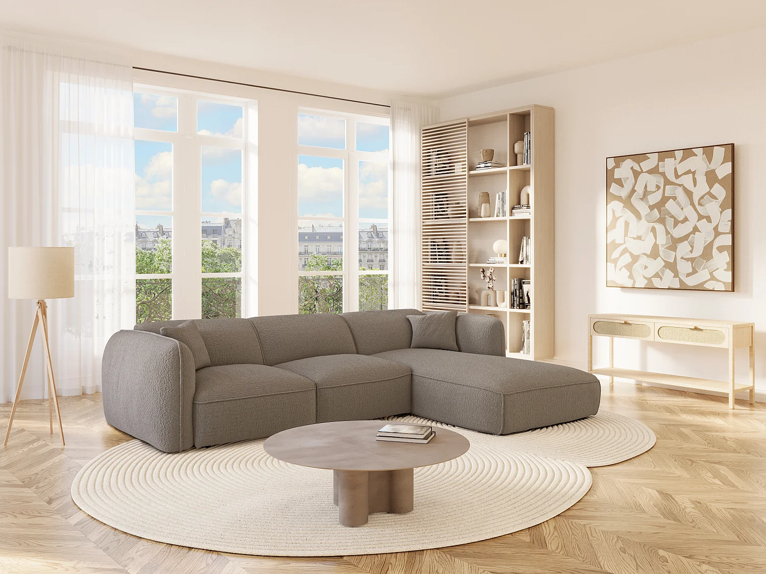 Canapé d'angle droit en tissu chenille taupe CAMILIO de Maison Céphy