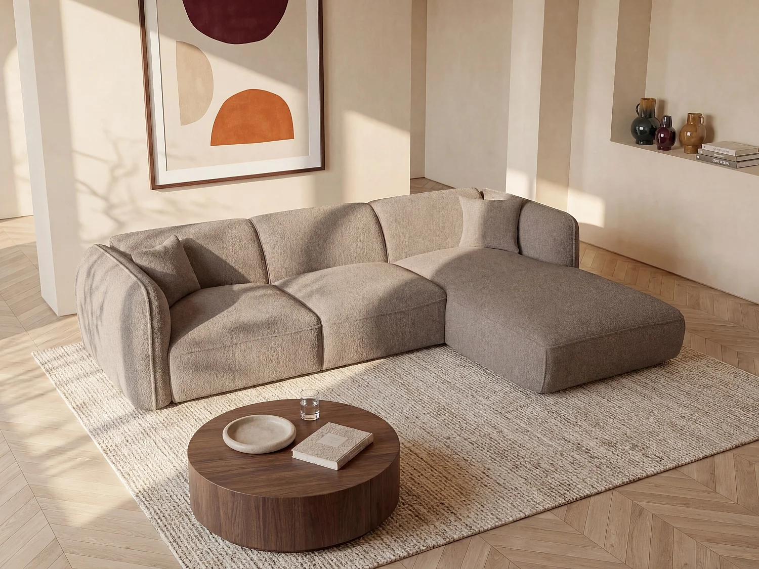 Canapé d'angle droit en tissu texturé taupe CAMILIO de Maison Céphy