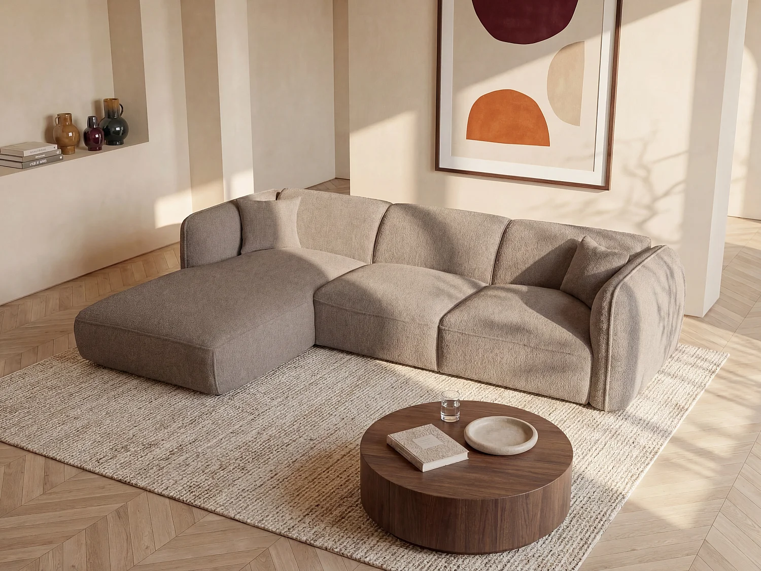 Canapé d'angle gauche en tissu texturé taupe CAMILIO de Maison Céphy