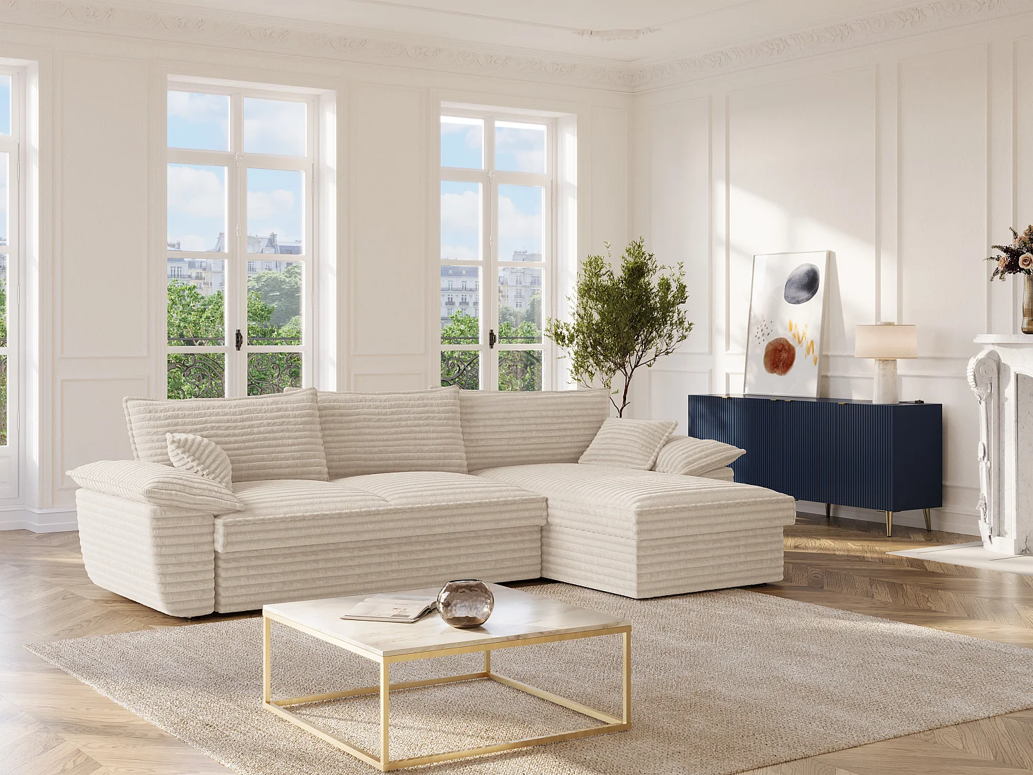 Canapé d'angle droit convertible en velours côtelé grosses côtes beige GUILLERMO