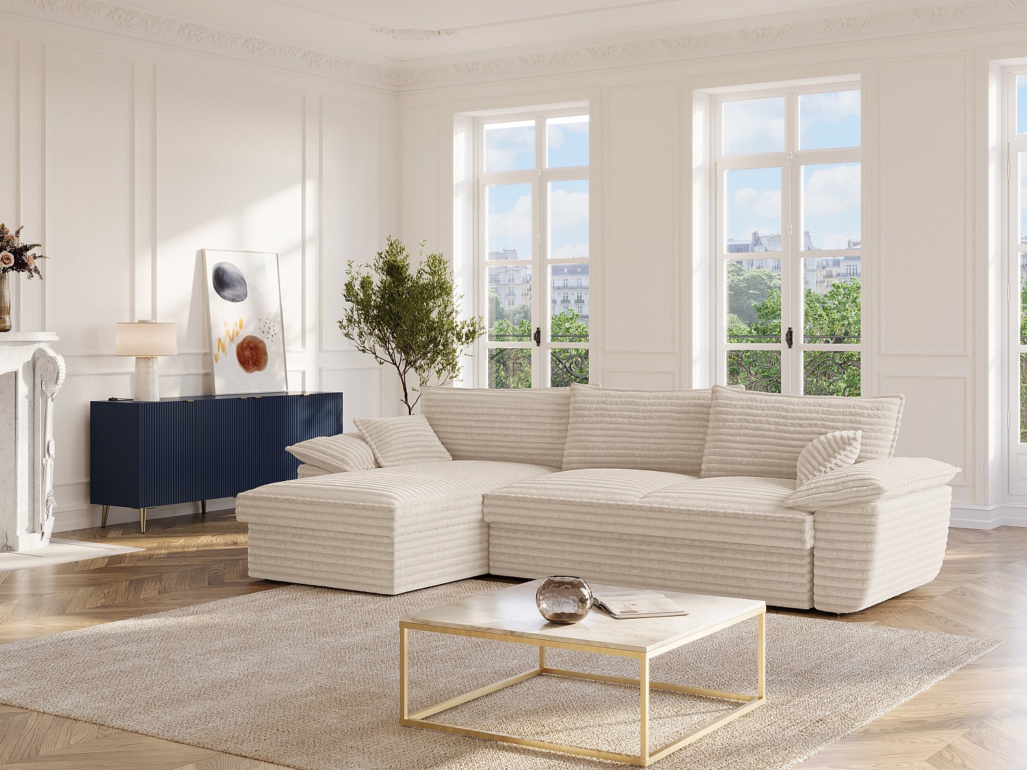 Ecksofa mit Schlaffunktion - Ecke links - grob gerippter Cord - Beige - GUI günstig online kaufen