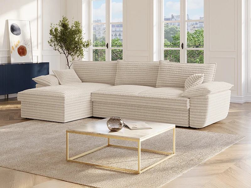 Ecksofa mit Schlaffunktion - Ecke links - grob gerippter Cord - Beige - GUILLERMO