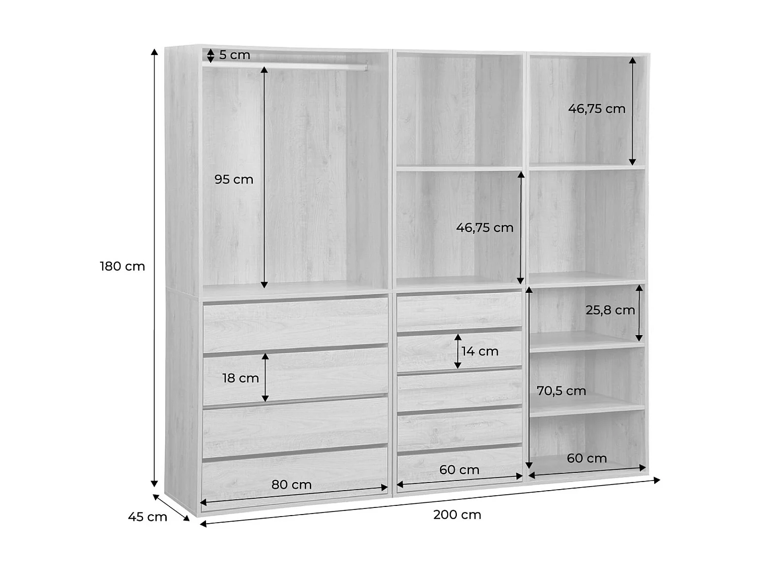 Kit dressing modulable 3 éléments MODULO. naturel. 200 x 45 x 180 cm