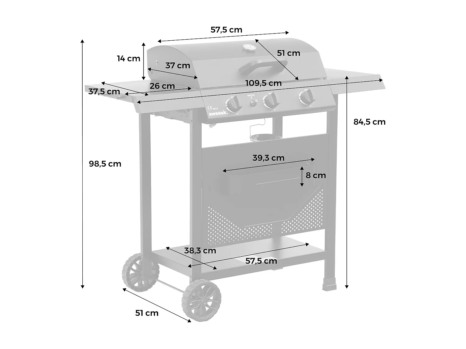 Barbecue au gaz Madeleine noir. 3 brûleurs. cuisine extérieure. L 109.5 x P 59 x H 125cm
