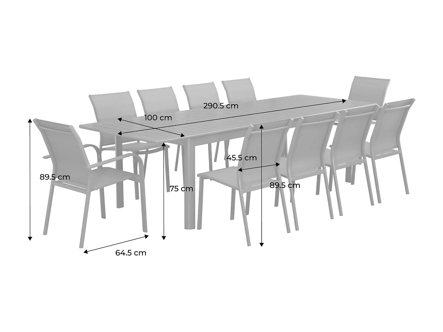 Set tavolo allungabile in alluminio con 8 sedie e 2 poltrone, beige