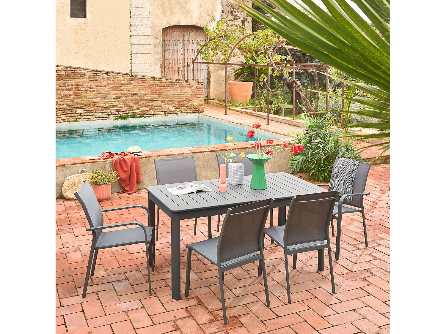 Tavolo da giardino allungabile in alluminio con 4 sedie e 2 poltrone,