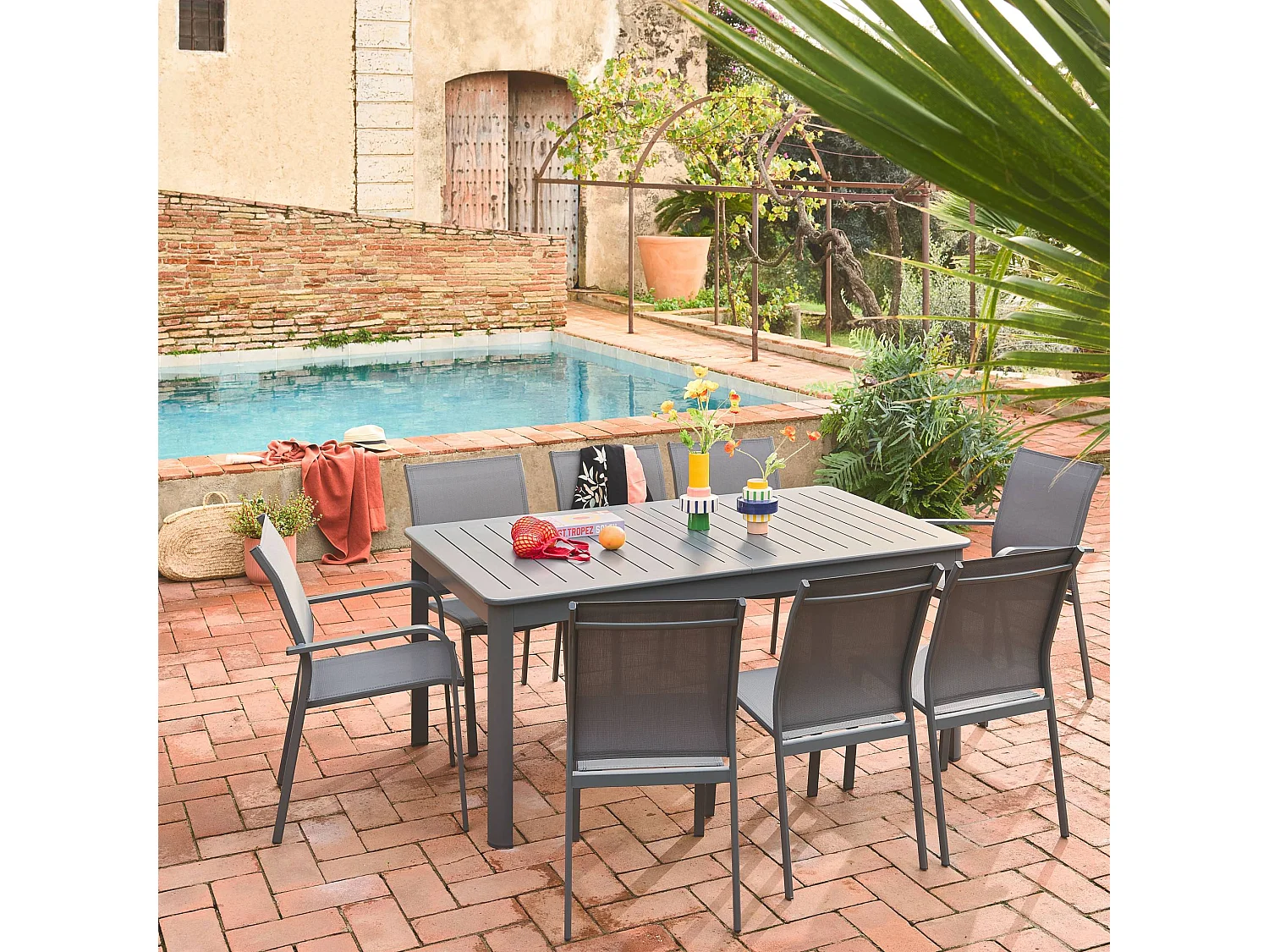 Mesa de jardín extensible de aluminio con 8 sillas antracita