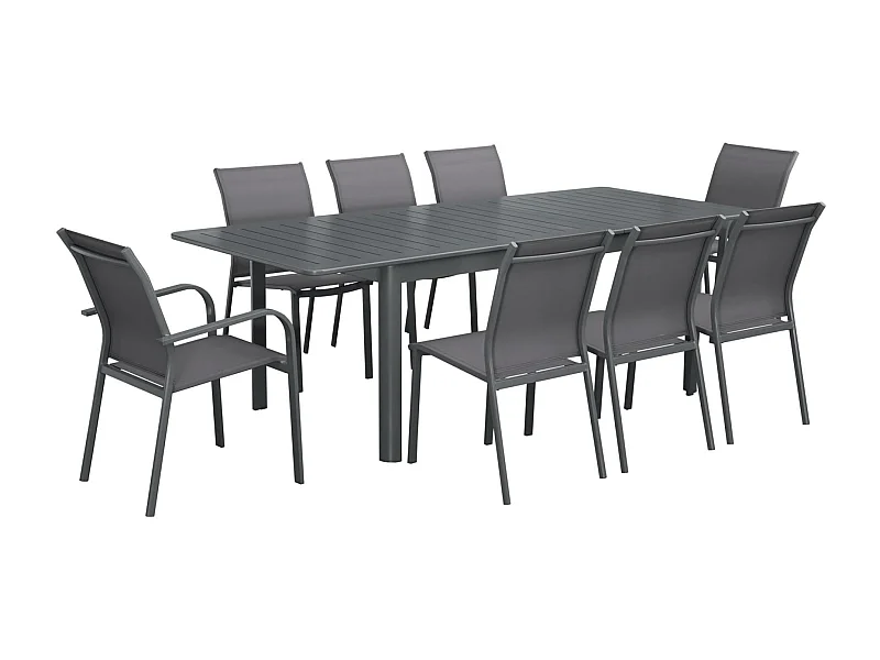 Table de jardin extensible aluminium et textilène anthracite. 6 chaises. 2 fauteuils. 8 places. 236.5 x 100 x 75 cm