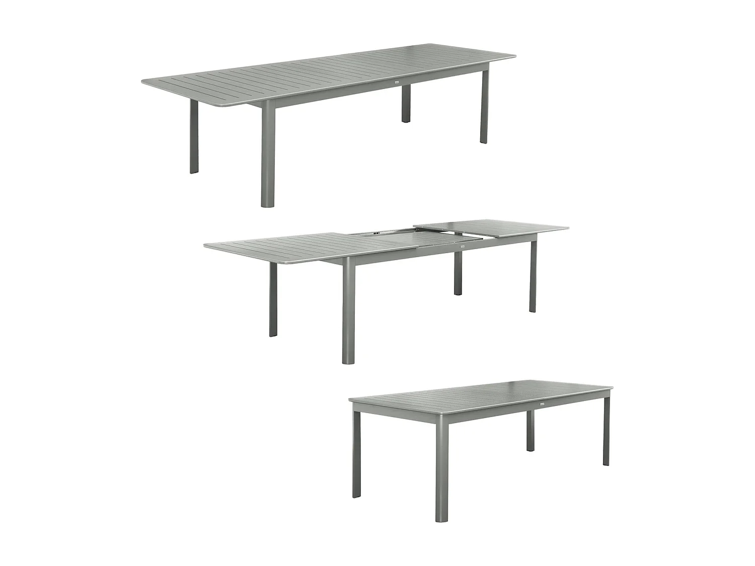 Table de jardin extensible aluminium + 10 assises aluminium et textilène kaki. 8 chaises. 2 fauteuils. 10 places. 290 x 100 x 75 cm