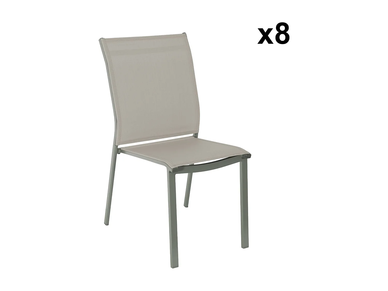 Table de jardin extensible aluminium + 10 assises aluminium et textilène kaki. 8 chaises. 2 fauteuils. 10 places. 290 x 100 x 75 cm