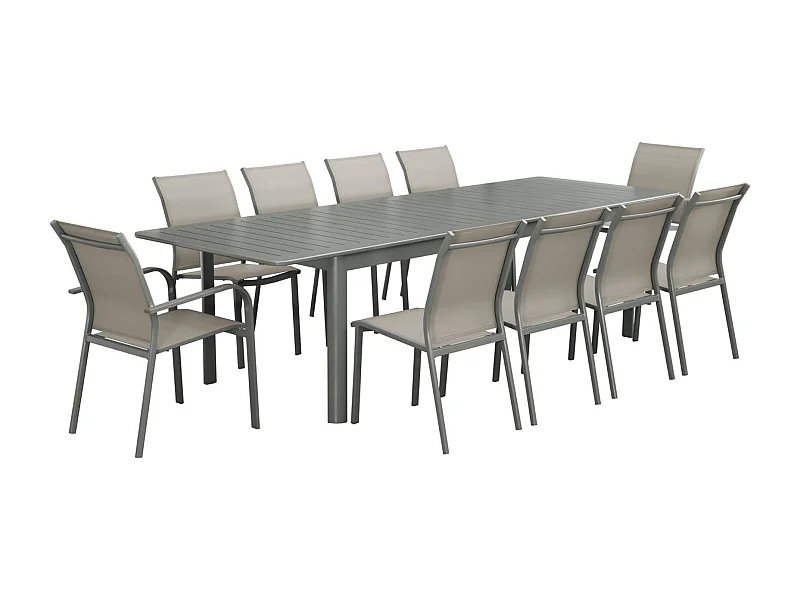 Tavolo allungabile in alluminio con 8 sedie e 2 poltrone, verde kaki