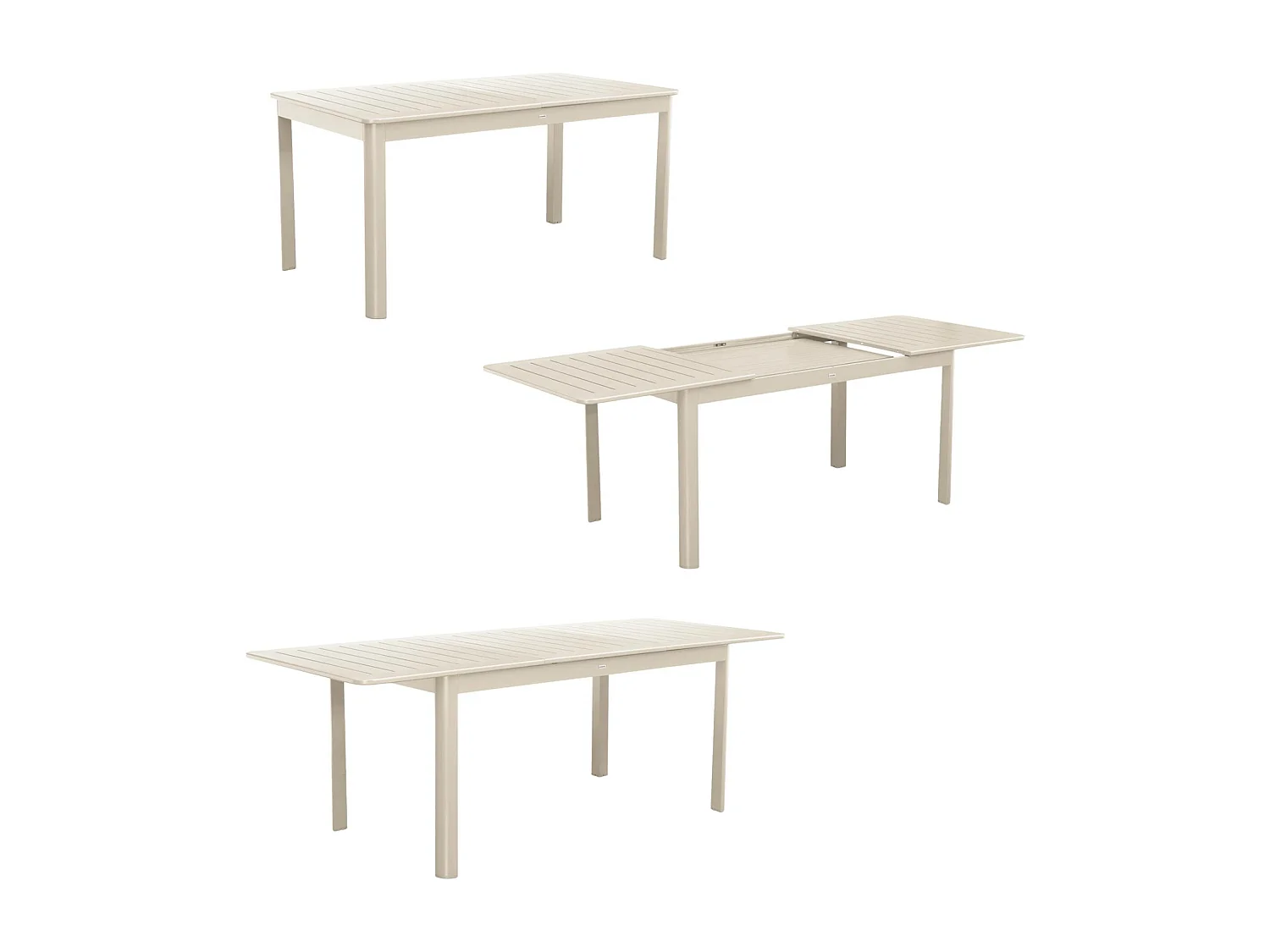 Table de jardin extensible aluminium + 6 assises beige. 4 chaises. 2 fauteuils. 6 places. textilène