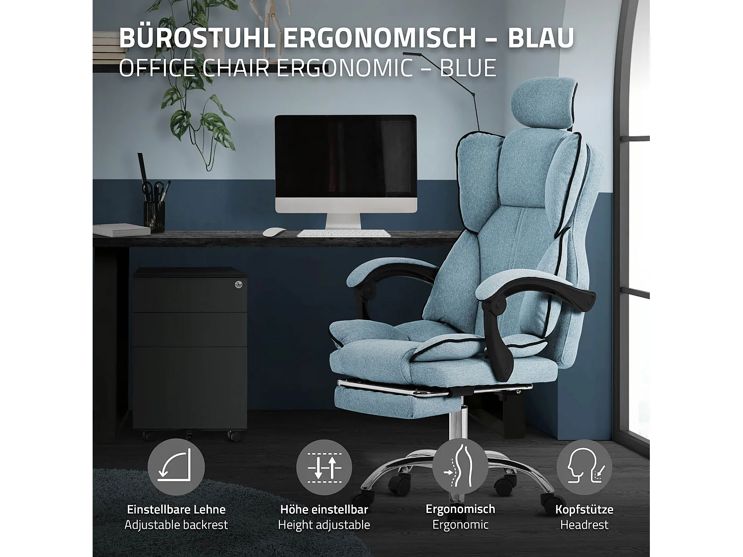 ML-Design Chaise de Bureau Ergonomique, Bleu, Réglable en Hauteur avec Dossier Haut