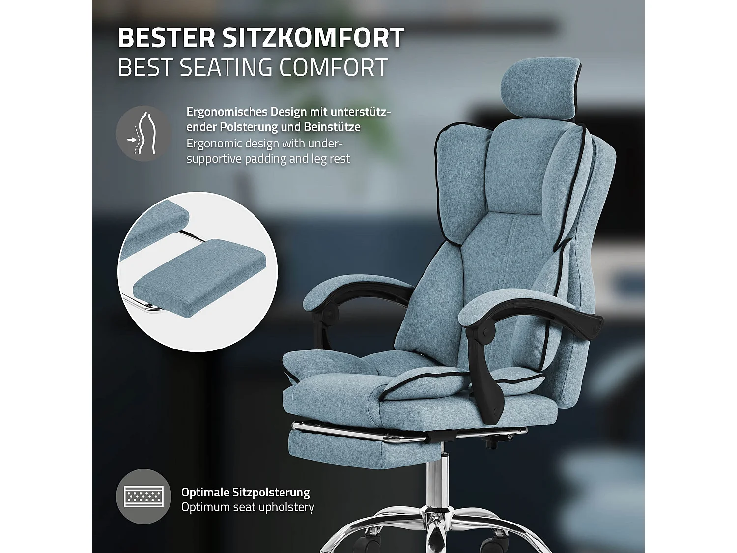 ML-Design Chaise de Bureau Ergonomique, Bleu, Réglable en Hauteur avec Dossier Haut